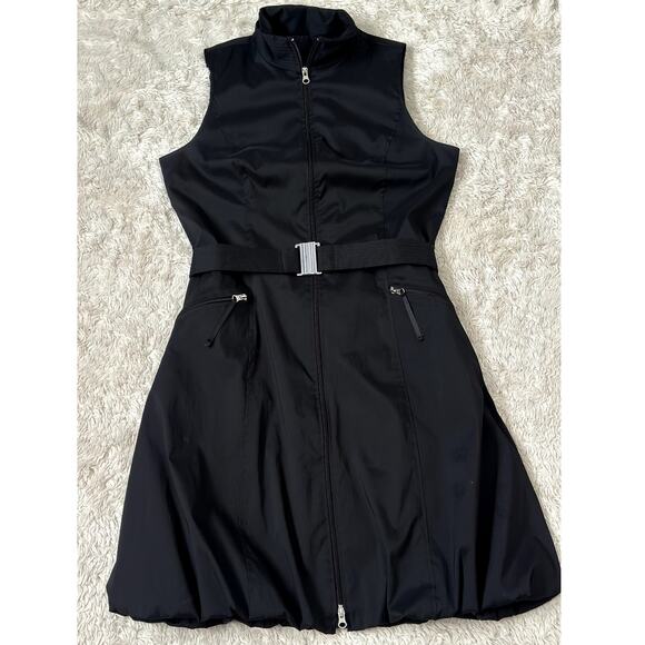 Joseph Ribkoff Sz 12 Black Full Zip Belted Bubble Dress Black Tech Fabric Pocket - Picture 1 of 15